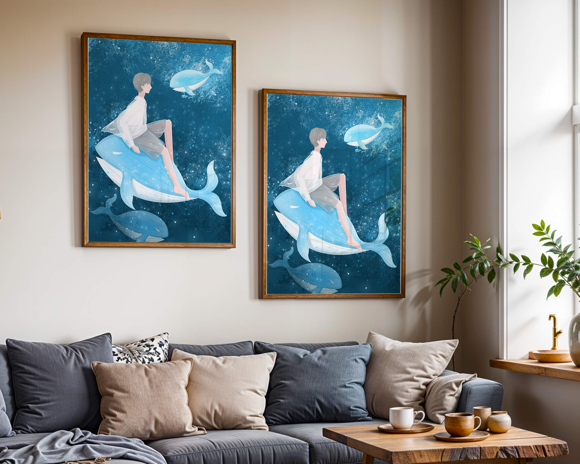 Fantasy illustration of person on blue whale in underwater scene