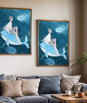 Illustration fantastique d'une personne sur une baleine bleue dans une scène sous-marine