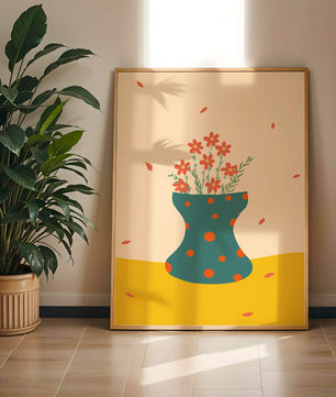 Floral Illustration with Polka Dot Vase on Colorful Background - Mi tienda