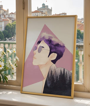 Abstract Portrait of a Person with Forest Silhouette and Purple Hair - Mi tienda