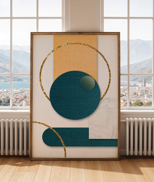 Composición geométrica abstracta con elementos dorados, turquesa y mármol