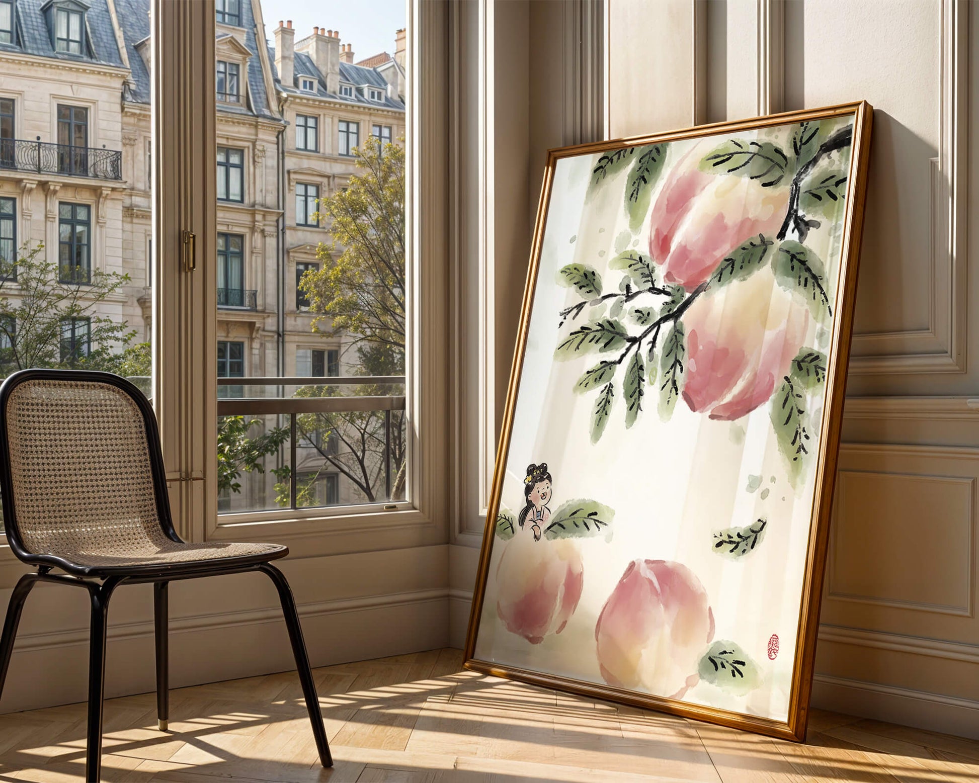 Encantadora ilustración de una chica entre flores de melocotón y hojas verdes