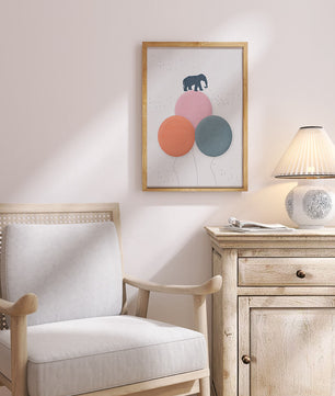 An Elephant Balancing on Colorful Balloons in a Minimalist Design - Mi tienda