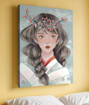 Illustration d'une jeune femme avec une coiffe florale sur fond de ciel nuageux