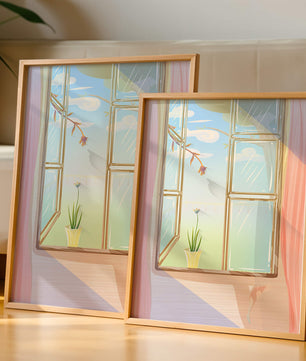Tranquil open window with floral view and gentle sunlight