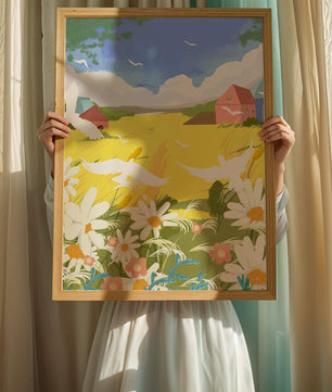 Summer Landscape with Birds and Flowers in a Pastoral Setting