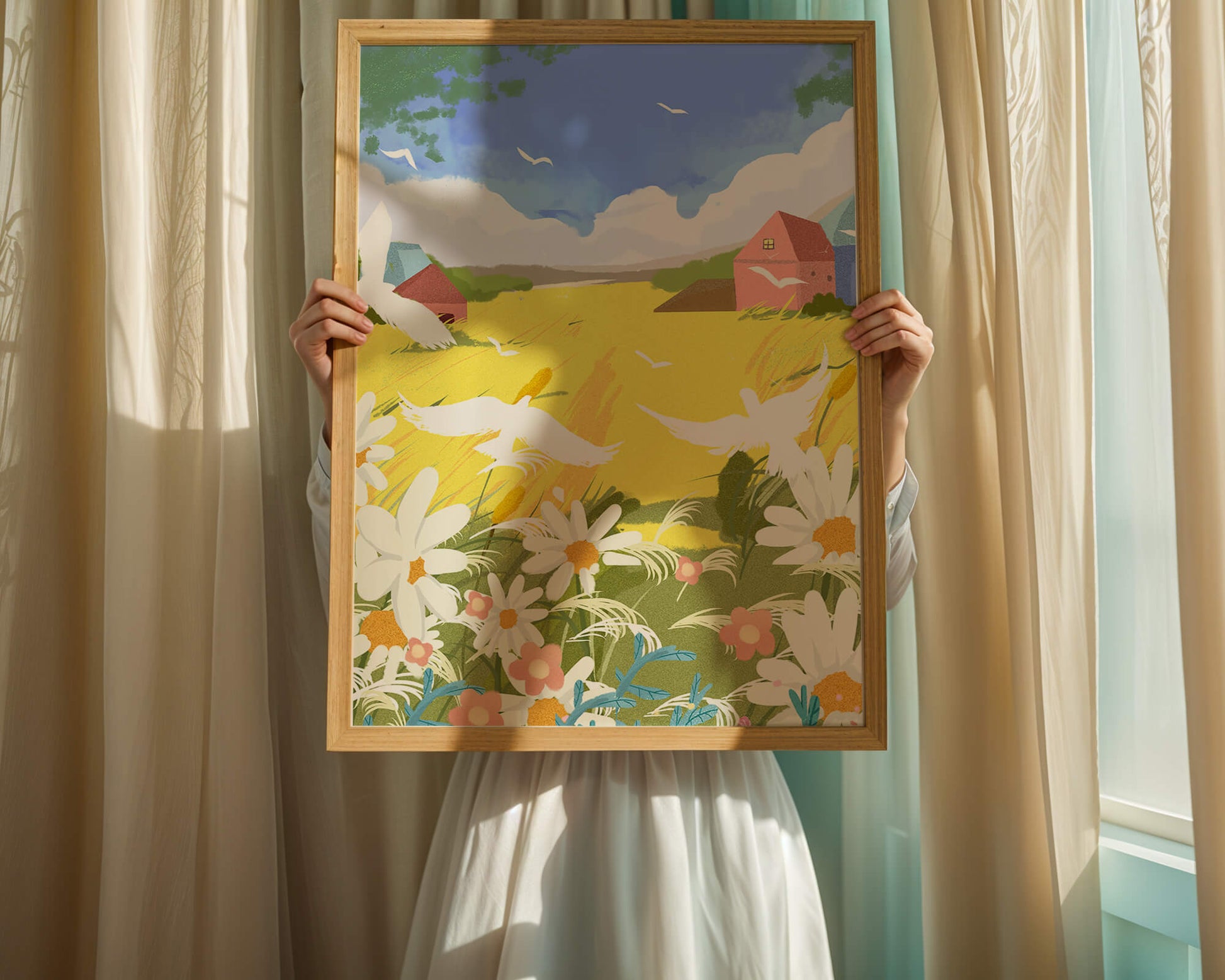 Summer Landscape with Birds and Flowers in a Pastoral Setting