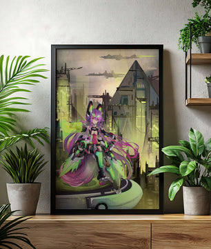 Cyberpunk-Anime-Figur im futuristischen Stadtbild 