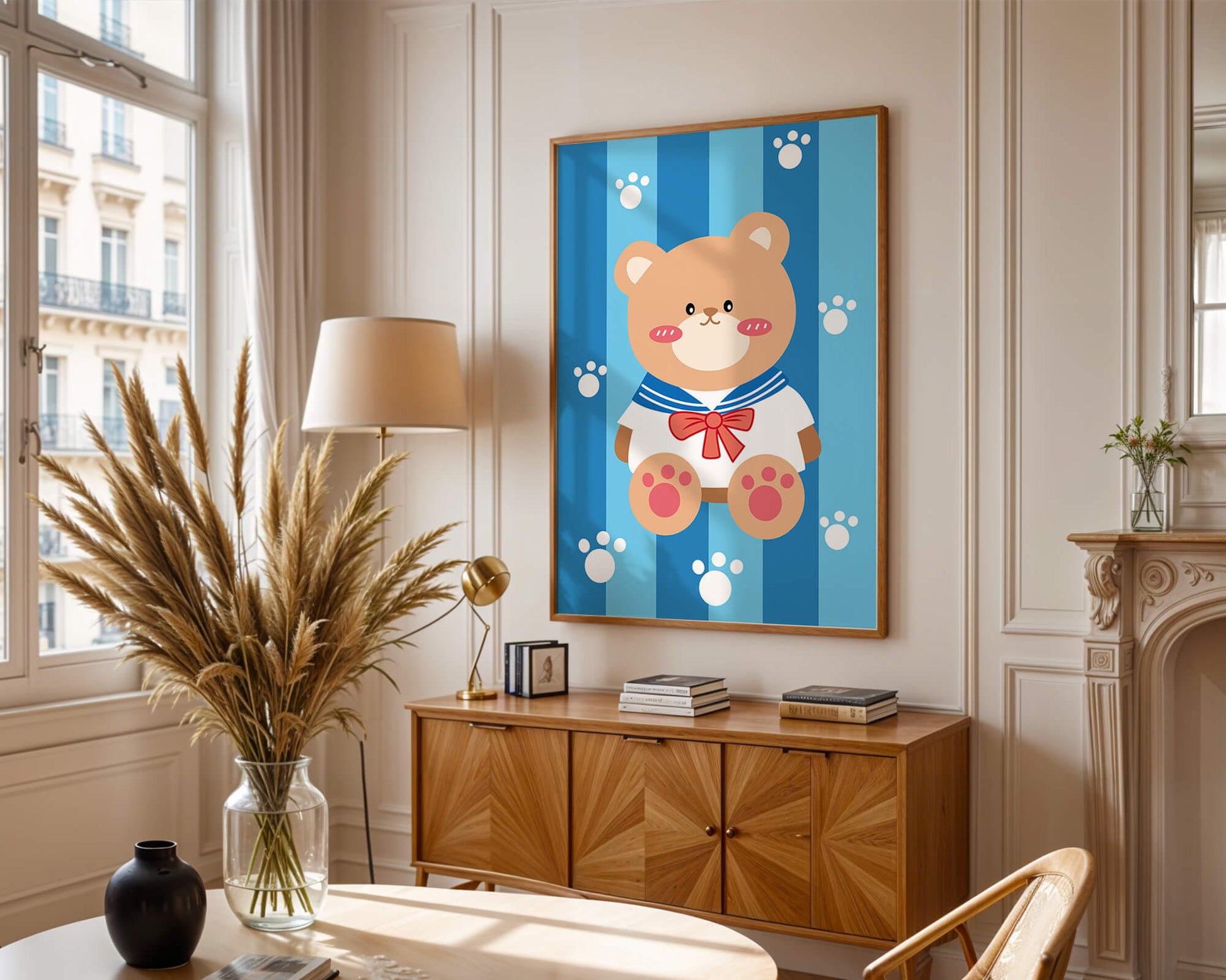 Adorable cartoon bear with sailor suit against striped background
