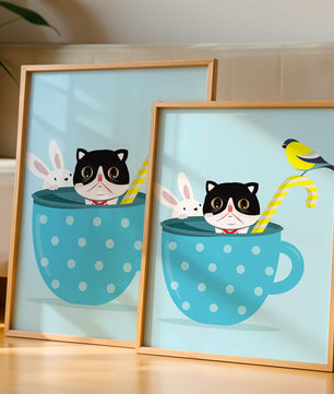 Playful illustration of cat, rabbit, and bird in a teacup