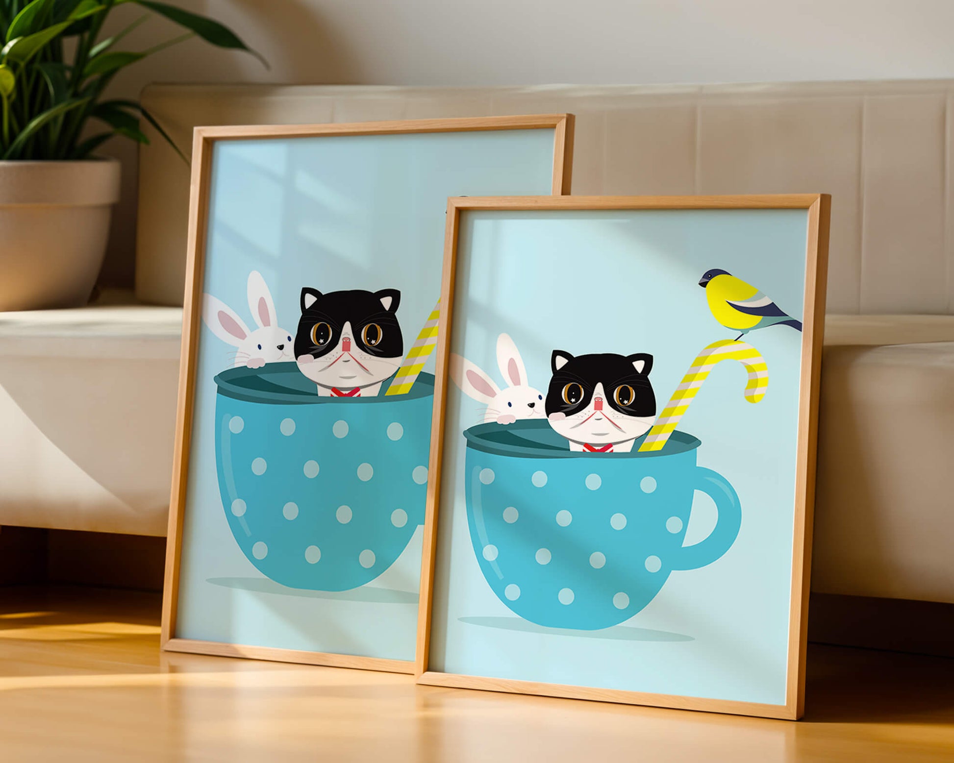 Ilustración lúdica de un gato, un conejo y un pájaro en una taza de té.