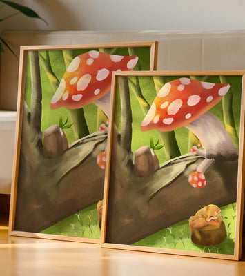 Charming forest scene with a fox resting under mushrooms