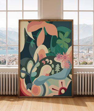 Abstract botanical artwork with vibrant colors and natural elements