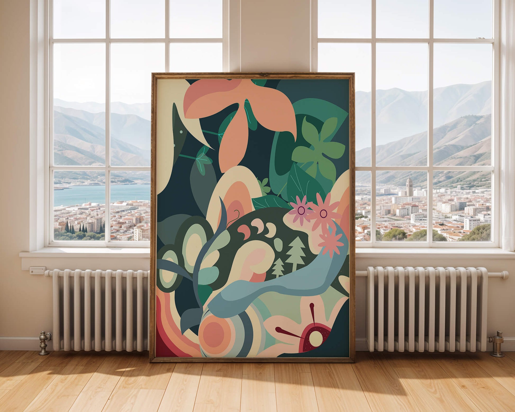 Abstract botanical artwork with vibrant colors and natural elements