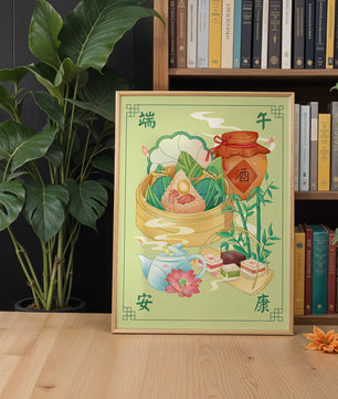 Illustration de nourriture festive chinoise mettant en scène des zongzi traditionnels et un service à thé