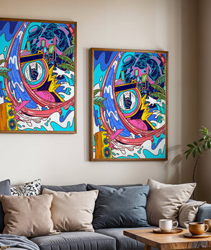 Vibrant abstract art with waves and neon elements