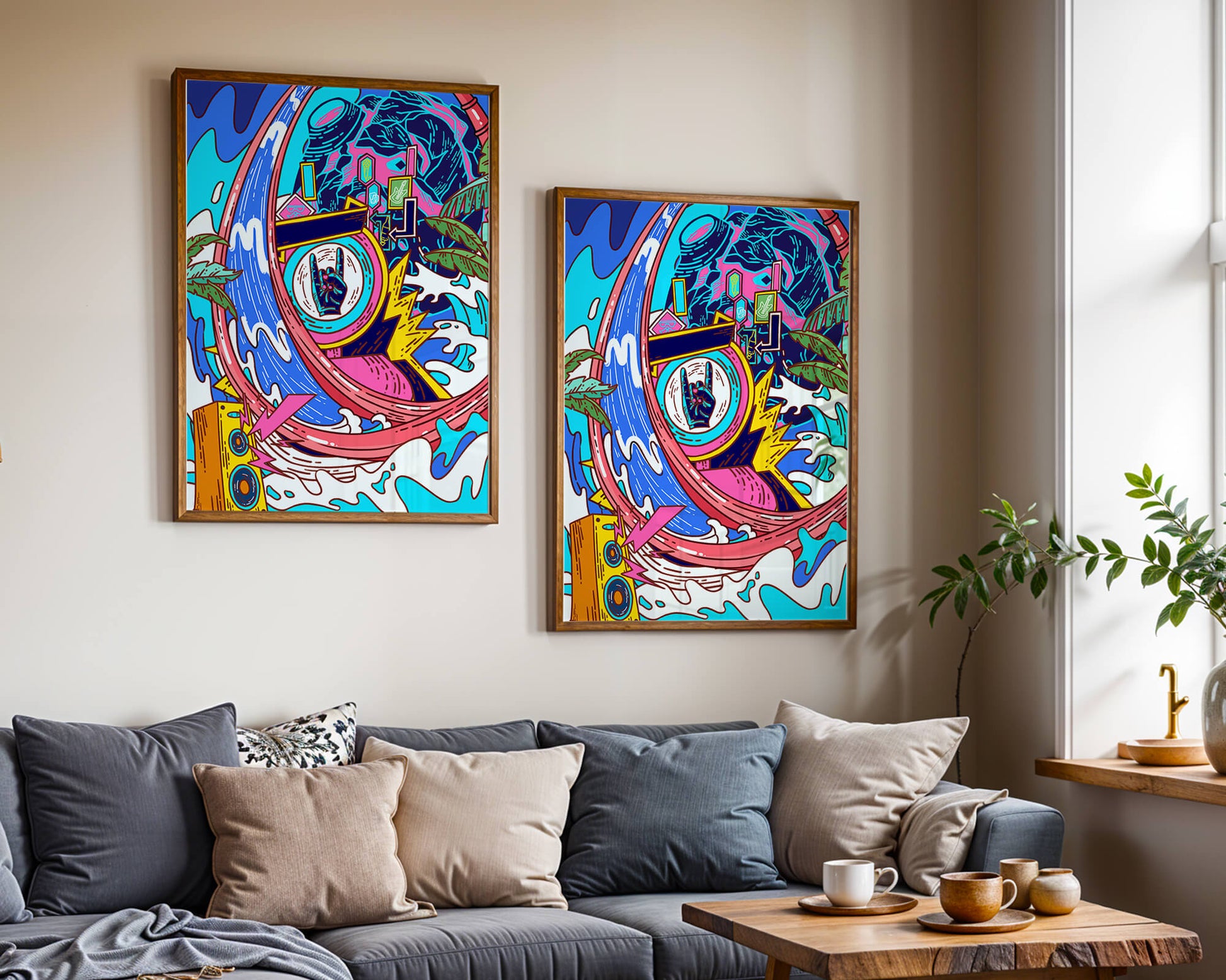 Vibrant abstract art with waves and neon elements