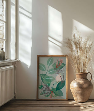 Floral botanical pattern with green leaves and delicate flowers