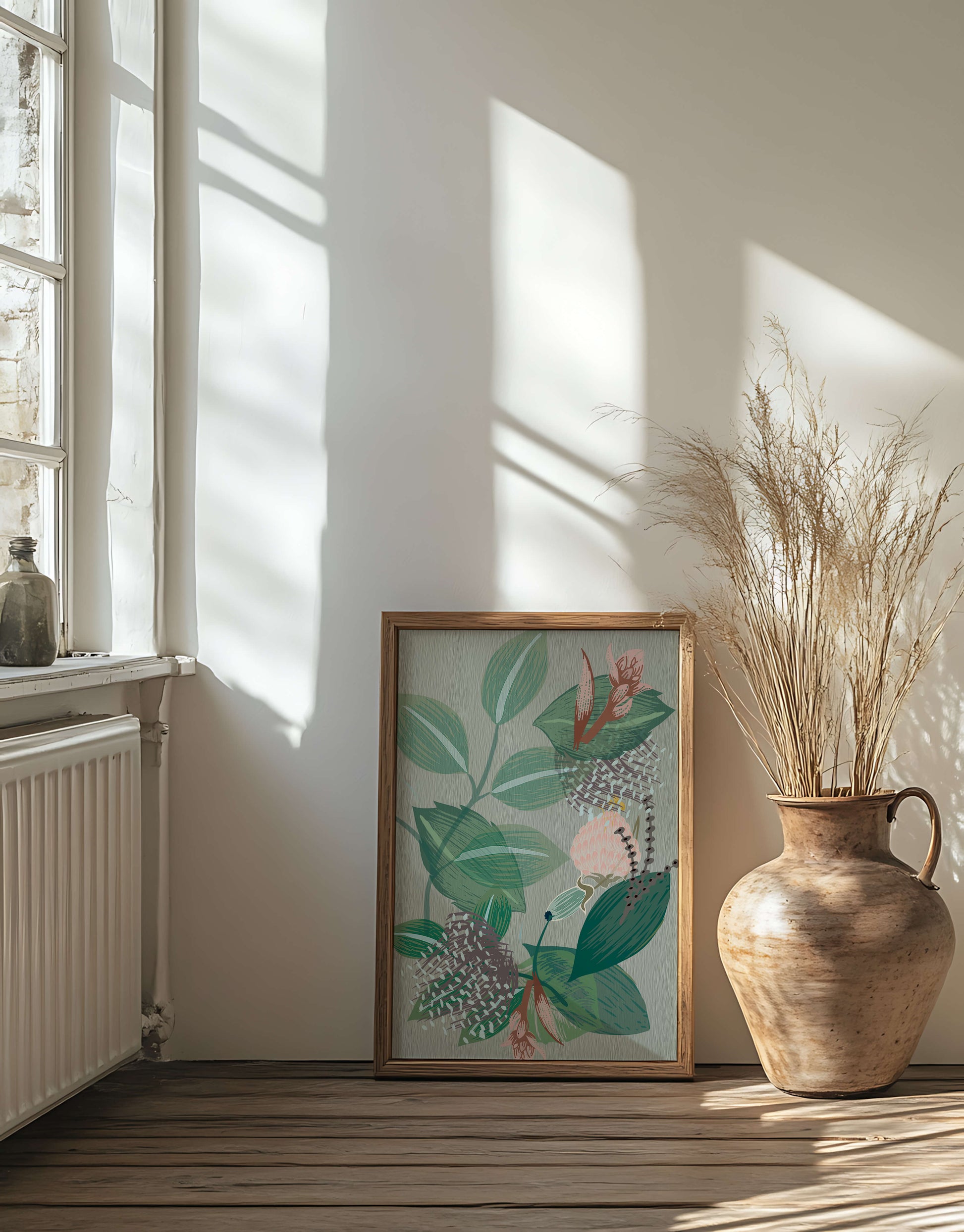 Floral botanical pattern with green leaves and delicate flowers