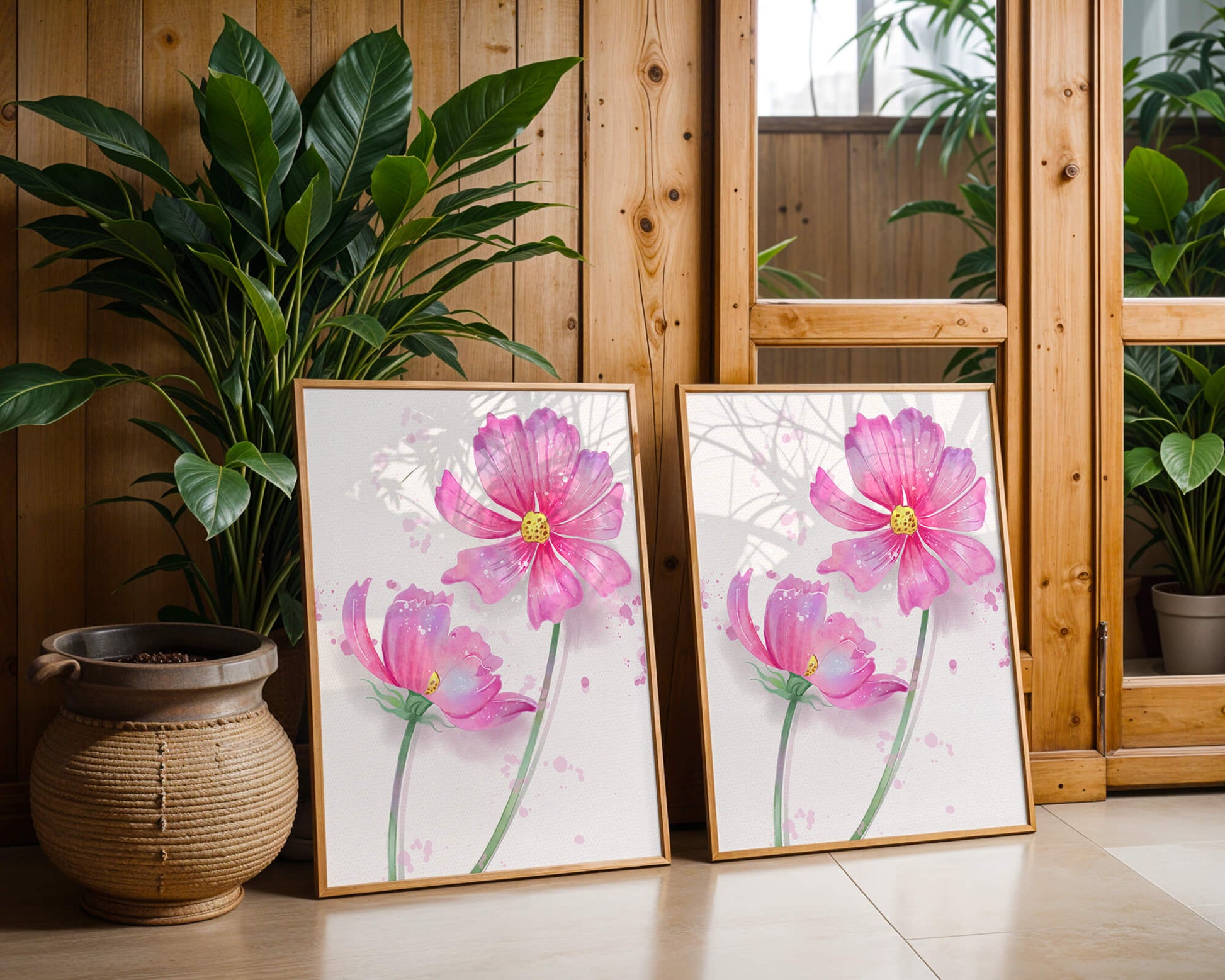 Flores delicadas en acuarela rosada con salpicaduras artísticas en lienzo