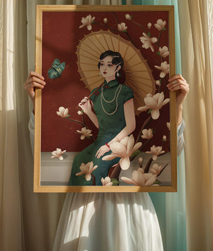 Mujer elegante con parasol y flores de magnolia sobre fondo rojo