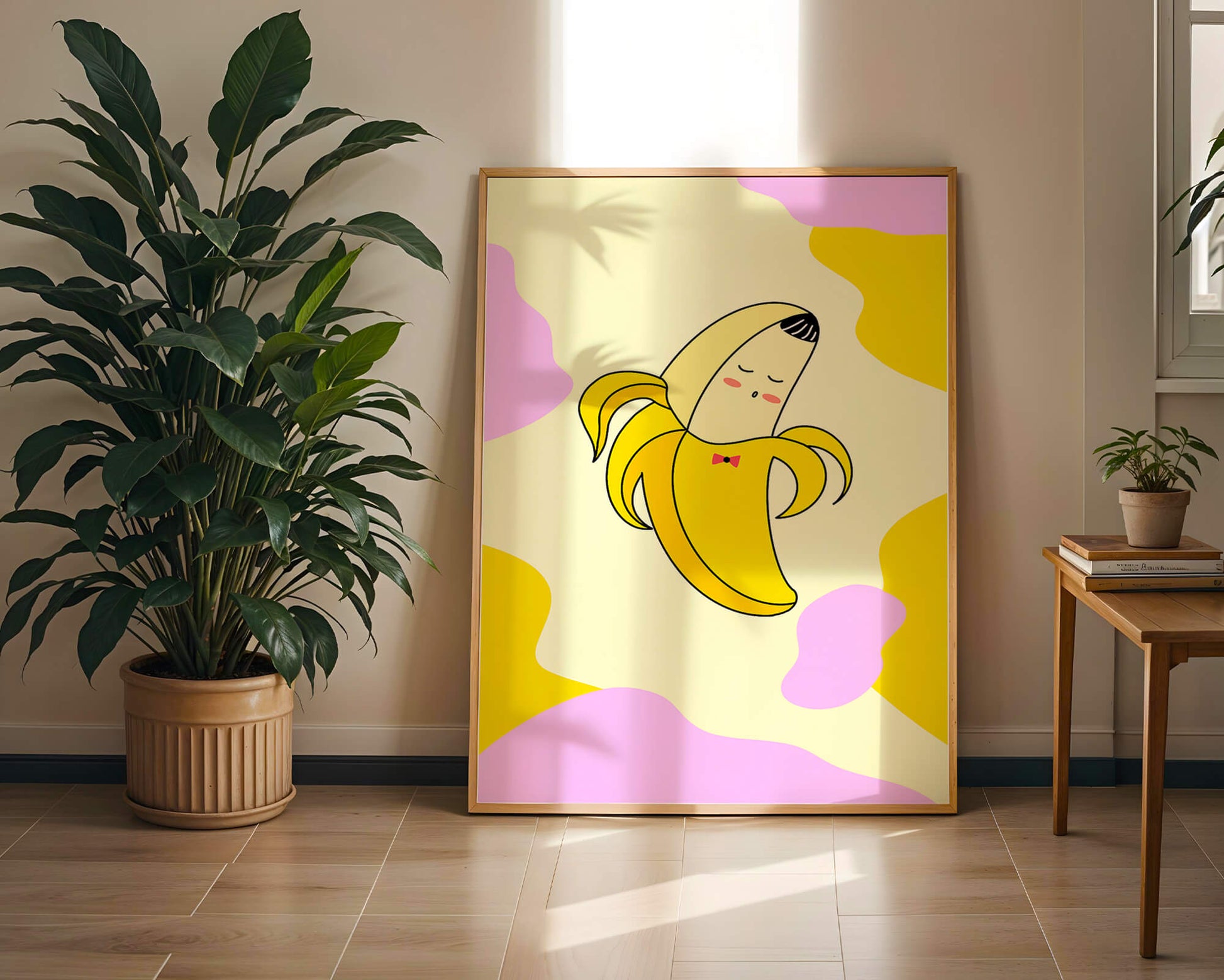 Quirky animated banana with bow tie on colorful abstract background
