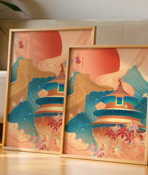 Illustration of Chinese architecture with the Great Wall and nature elements