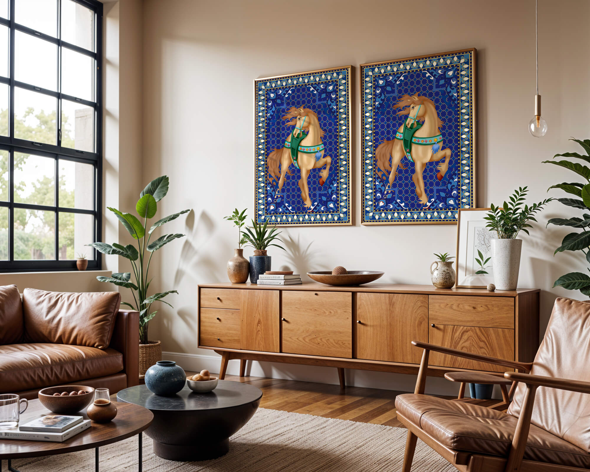 Intricate patterned horse art with a vibrant decorative border