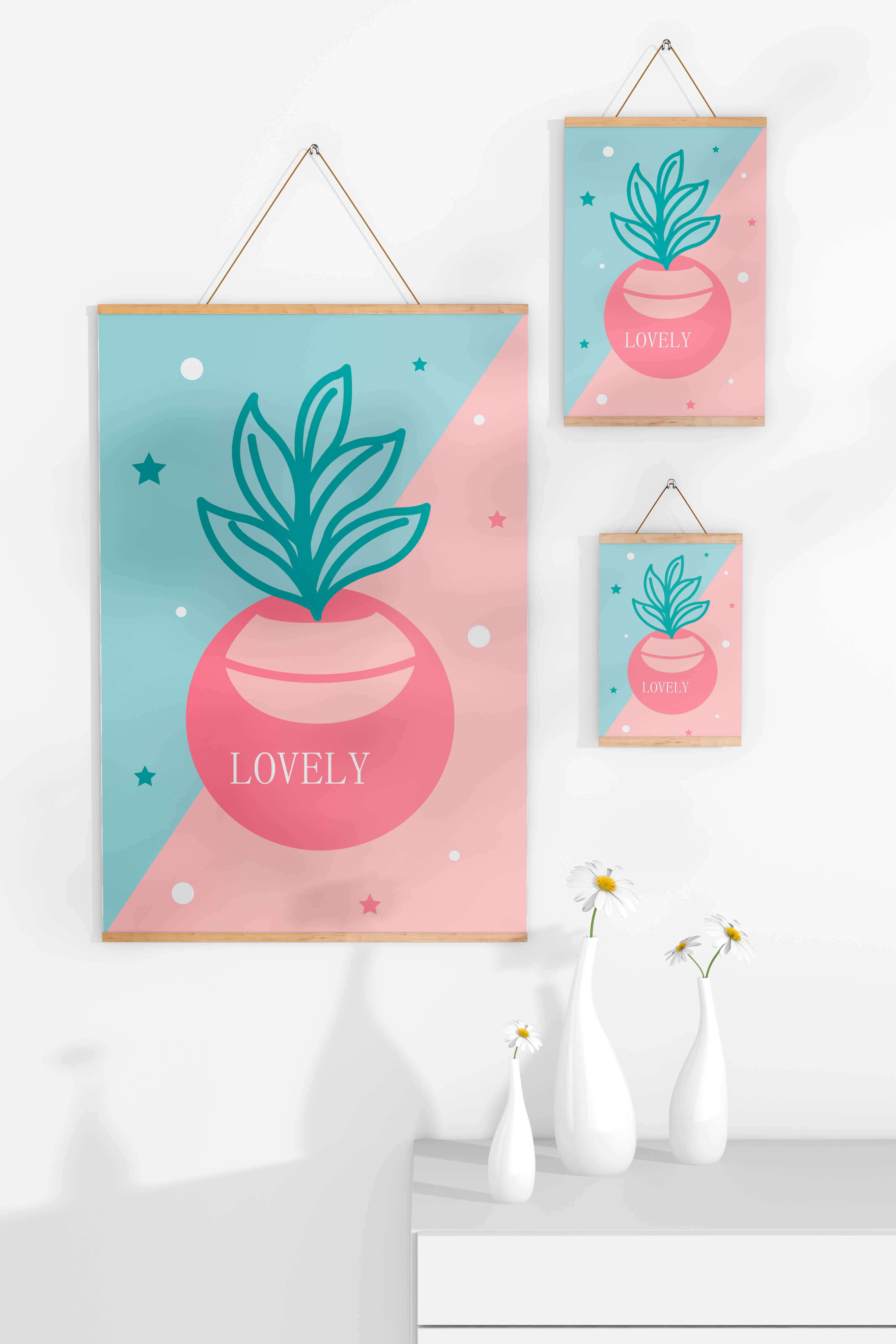 Playful pastel illustration with plant motif and stars