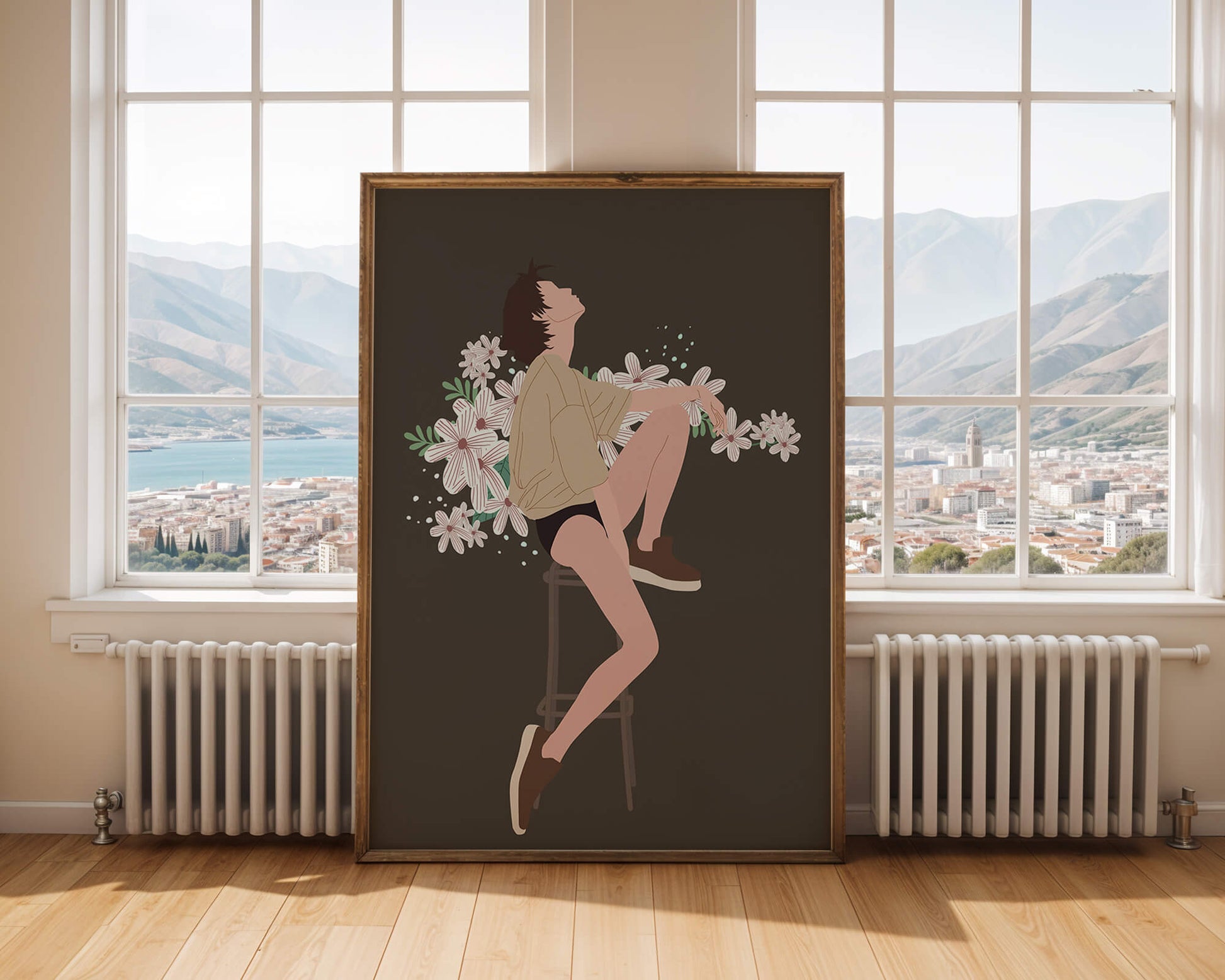 Illustration of a woman sitting on a stool surrounded by flowers