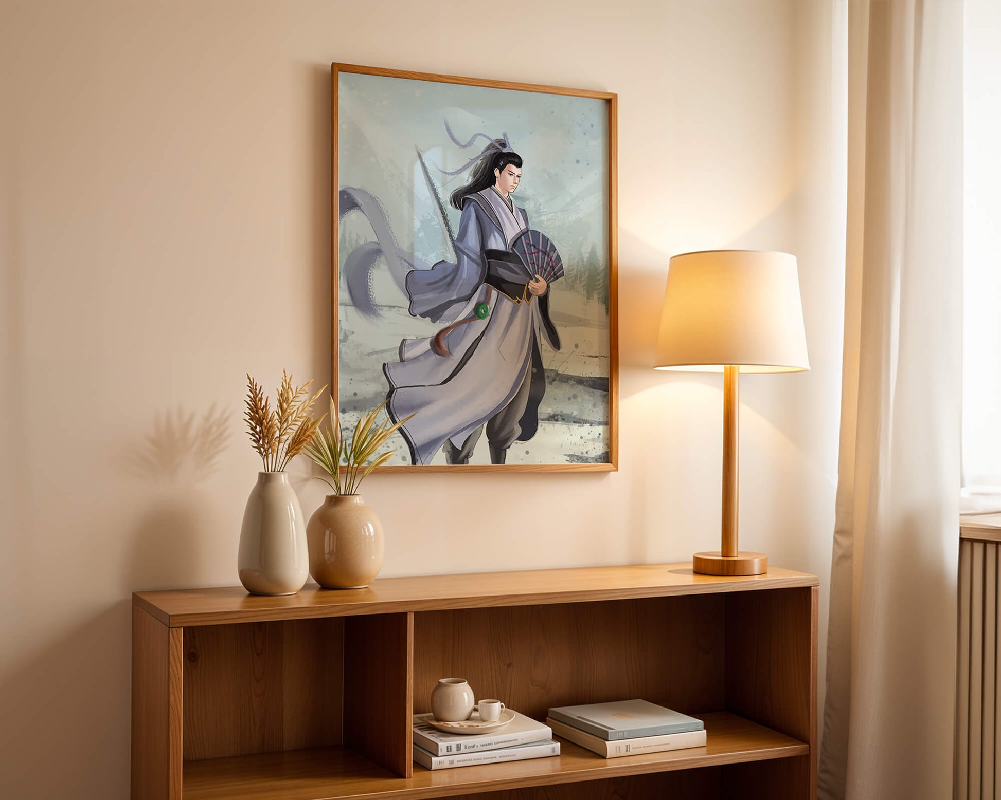 Elegant warrior in traditional attire with flowing robes and fan