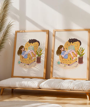 Cozy Reading Corner with Relaxed Girl and Cat