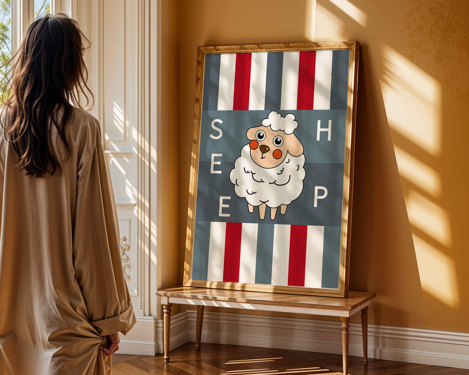 Playful sheep illustration on striped background