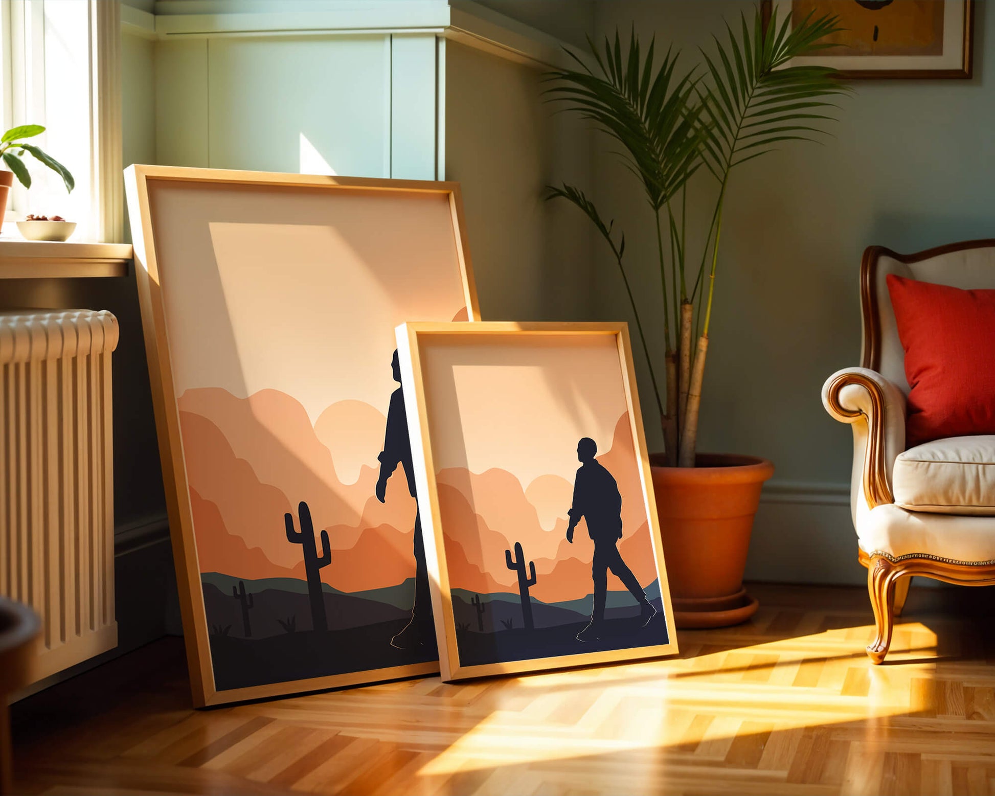 Silhouetted figure walking in desert landscape at sunset