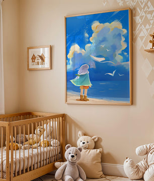 Young person gazing at a vibrant seaside sky with birds flying