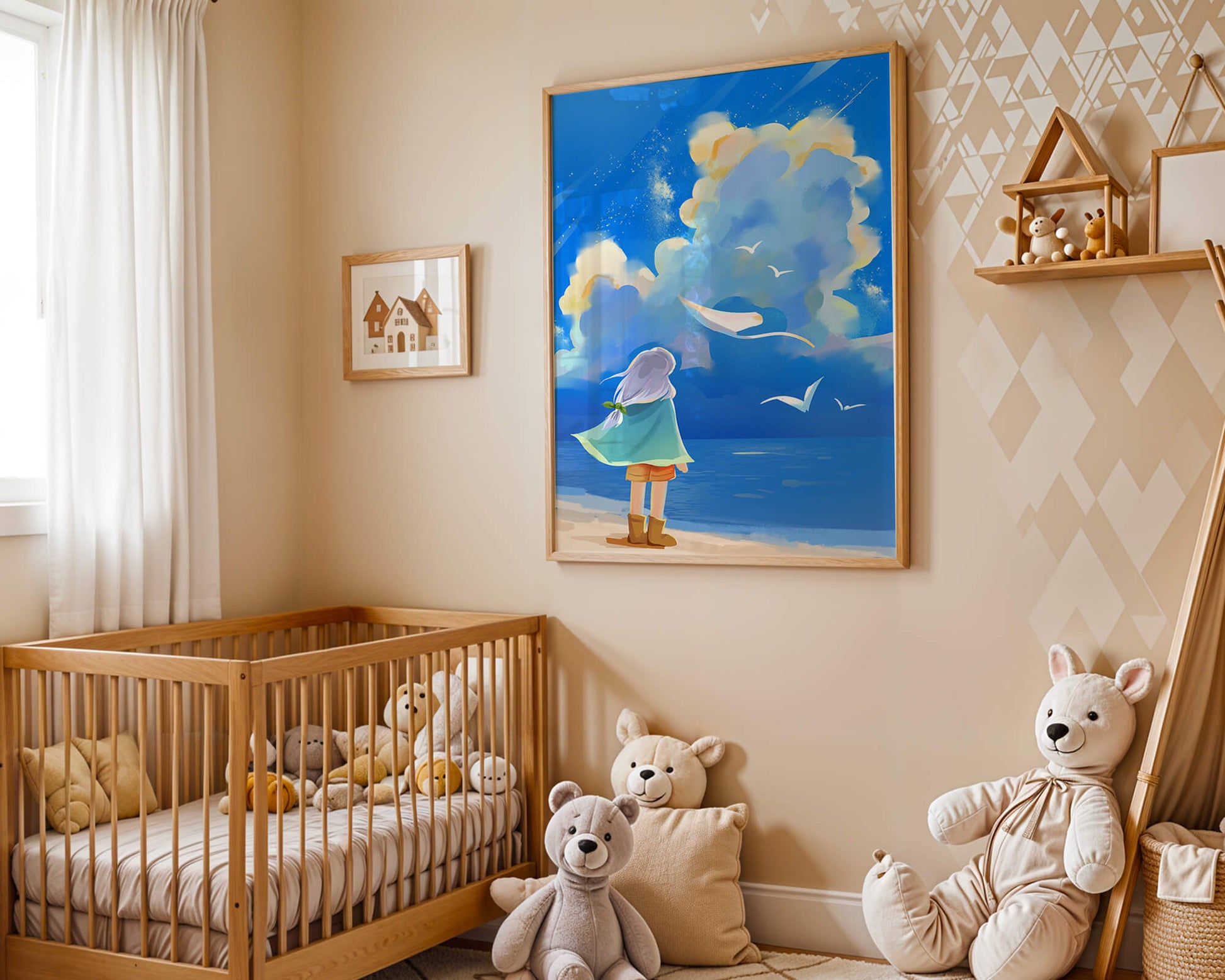 Young person gazing at a vibrant seaside sky with birds flying