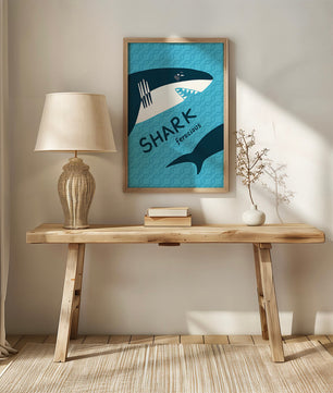 Gráfico de tiburón ilustrado con fondo azul y tipografía