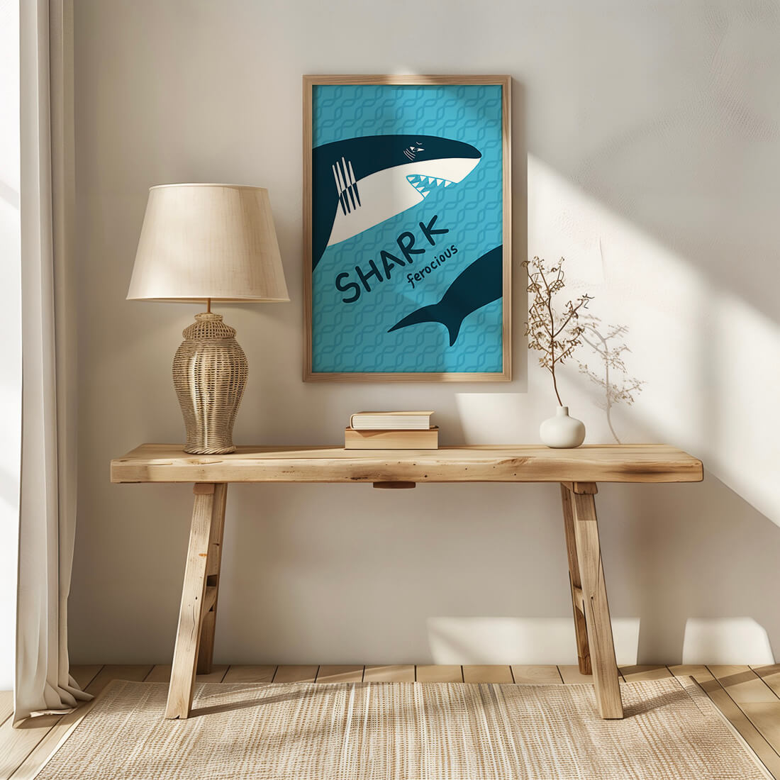 Illustrated shark graphic with blue background and typography