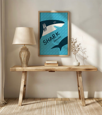 Illustrated shark graphic with blue background and typography