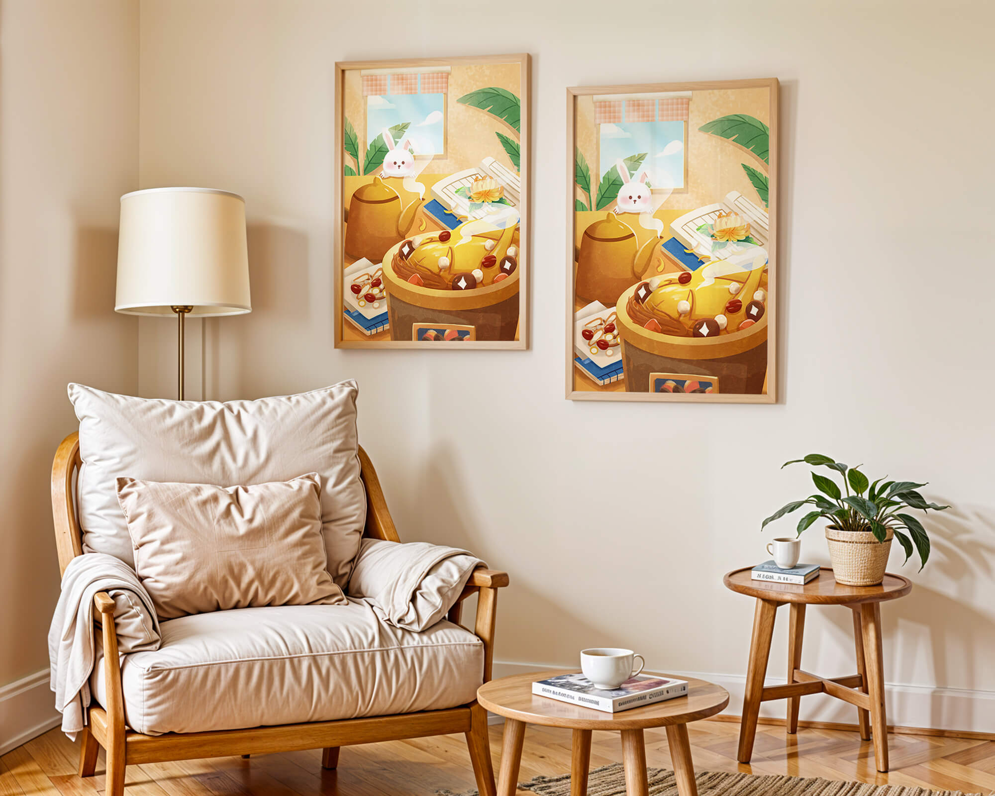 Cozy kitchen scene with cute bunny, teapot, and golden dessert