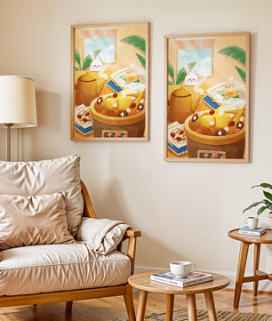 Cozy kitchen scene with cute bunny, teapot, and golden dessert