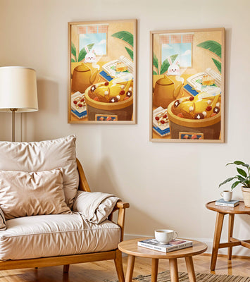 Cozy kitchen scene with cute bunny, teapot, and golden dessert