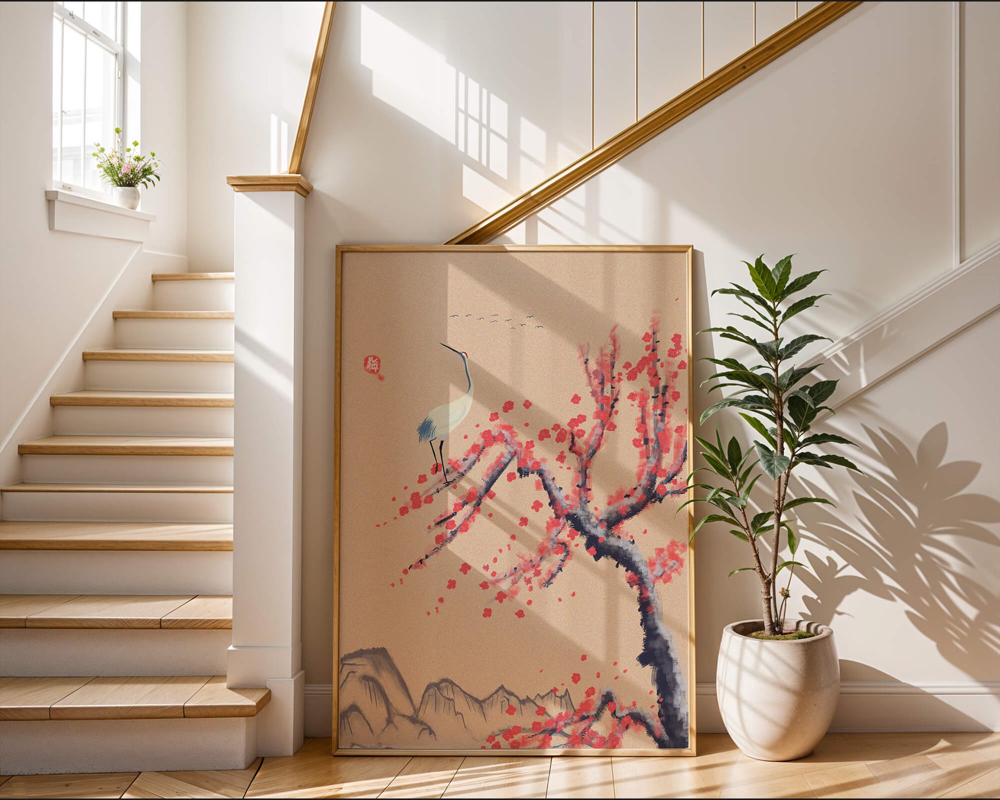 Elegant crane on cherry blossom tree with mountainous background