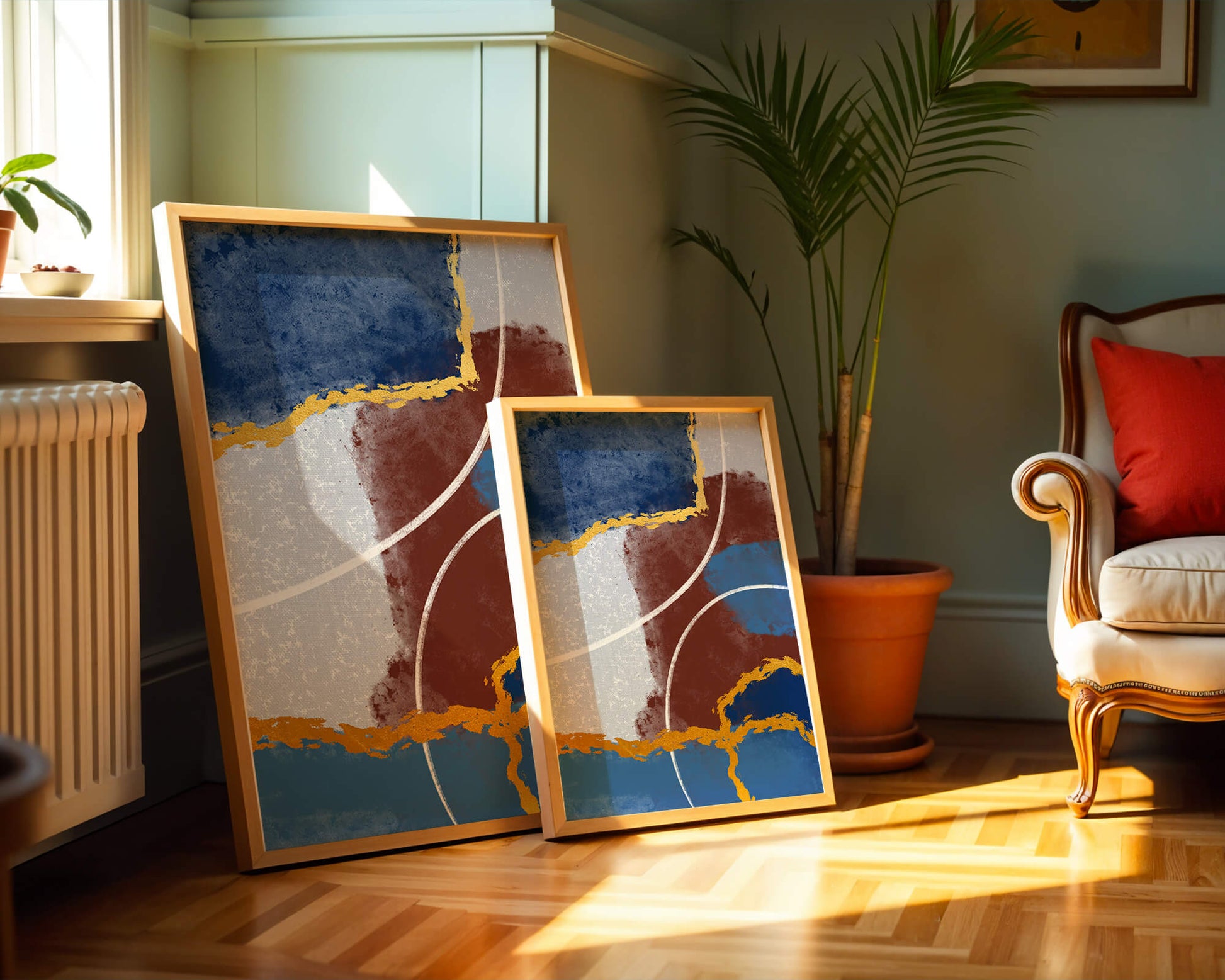 Abstract painting with gold accents and geometric elements