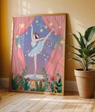 Graceful ballerina performing under starry sky on stage