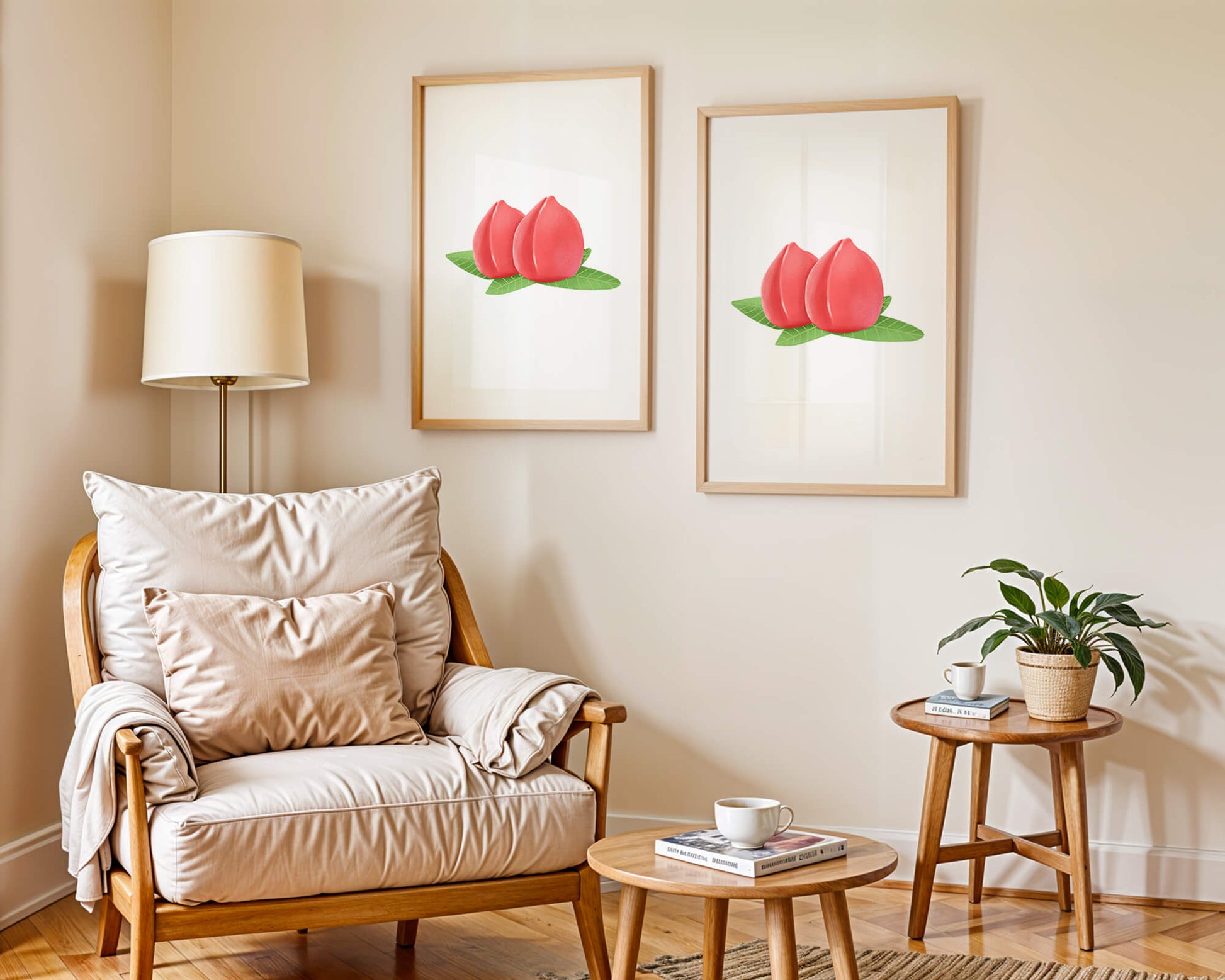 Realistic illustration of juicy peaches with green leaves