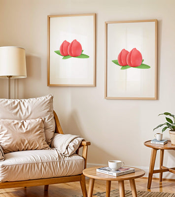 Realistic illustration of juicy peaches with green leaves