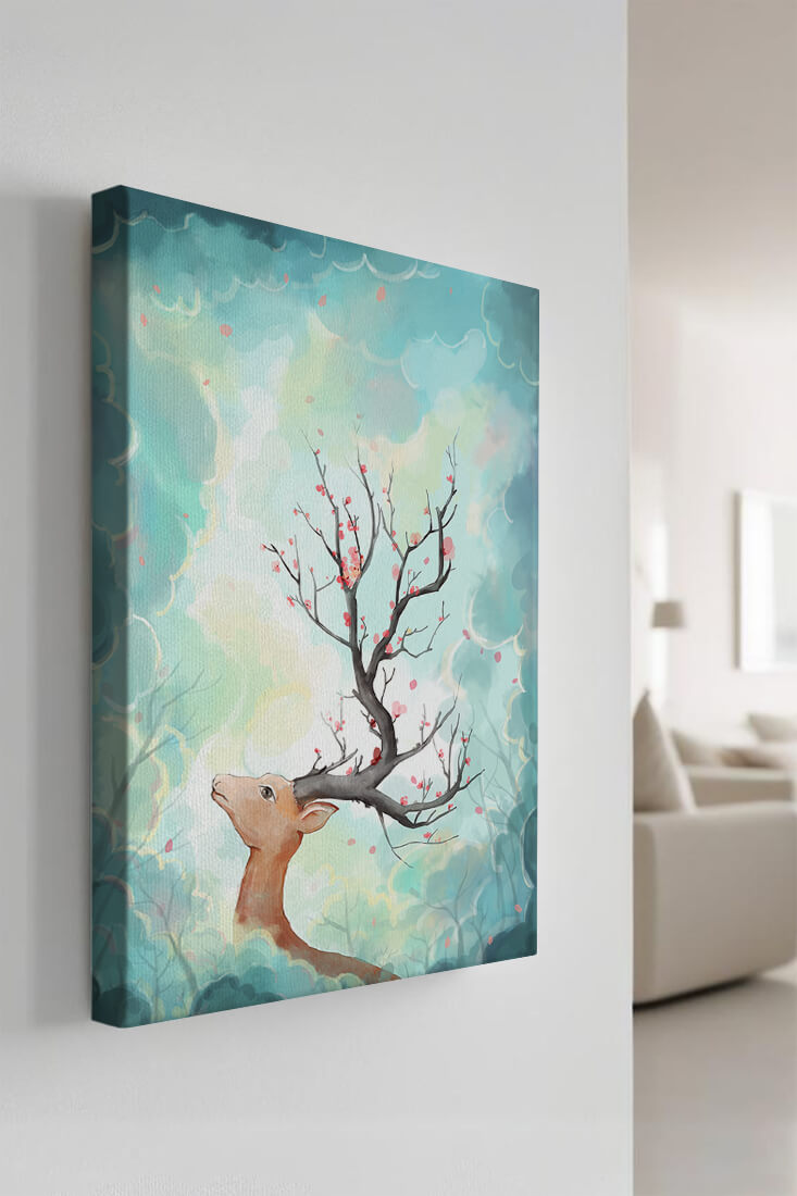 Surreal deer with branches for antlers in a pastel cloudy background