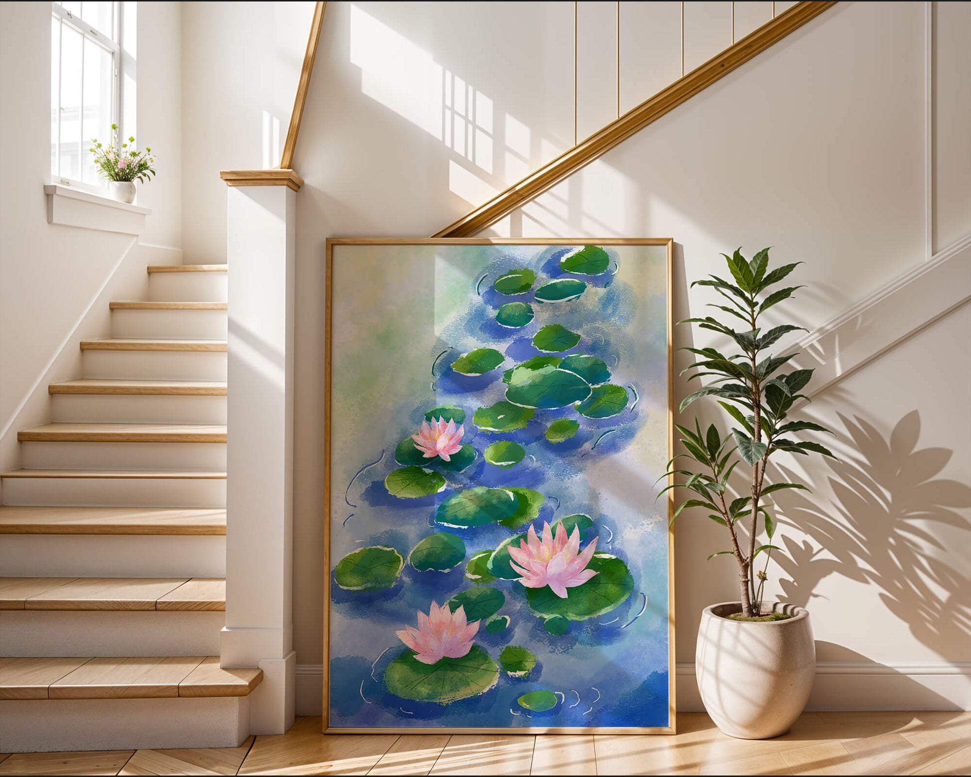 Escena acuática serena con flores de loto rosadas y nenúfares sobre una superficie de agua tranquila.