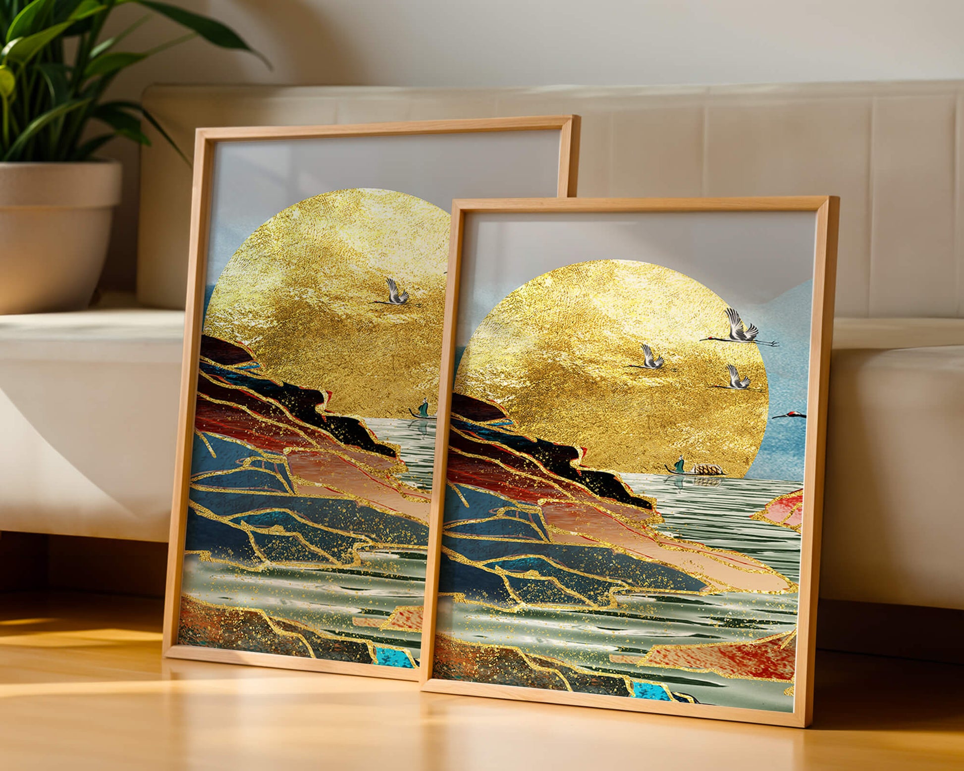Majestic Golden Sun with Birds over Serene Landscape